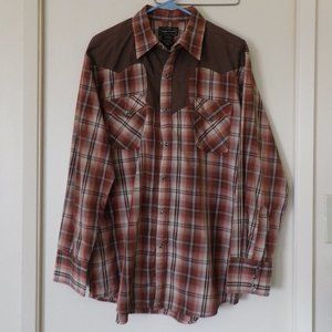Man's western LS shirt plaid L - shades of brown with dark brown yokes